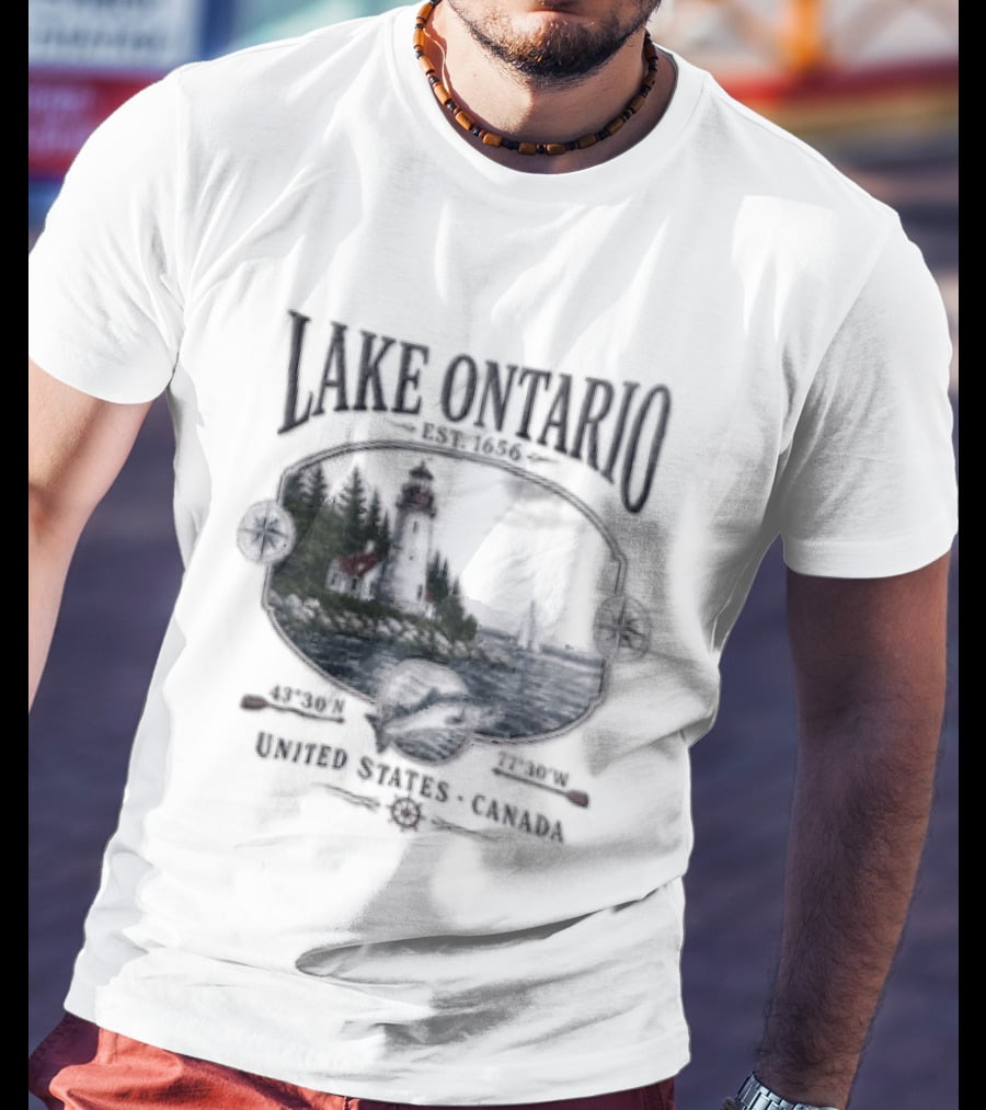 Lake Ontario Lighthouse Sailboat Fish 43 30 And 77 W United States Canada T-Shirt
