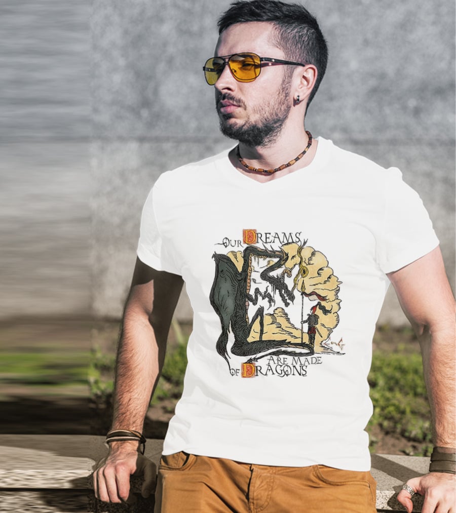 Our Dreams Are Made Of Dragons Artwork Yellow Red Black Fantasy T-Shirt