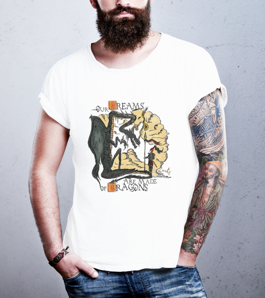 Our Dreams Are Made Of Dragons Artwork Yellow Red Black Fantasy T-Shirt