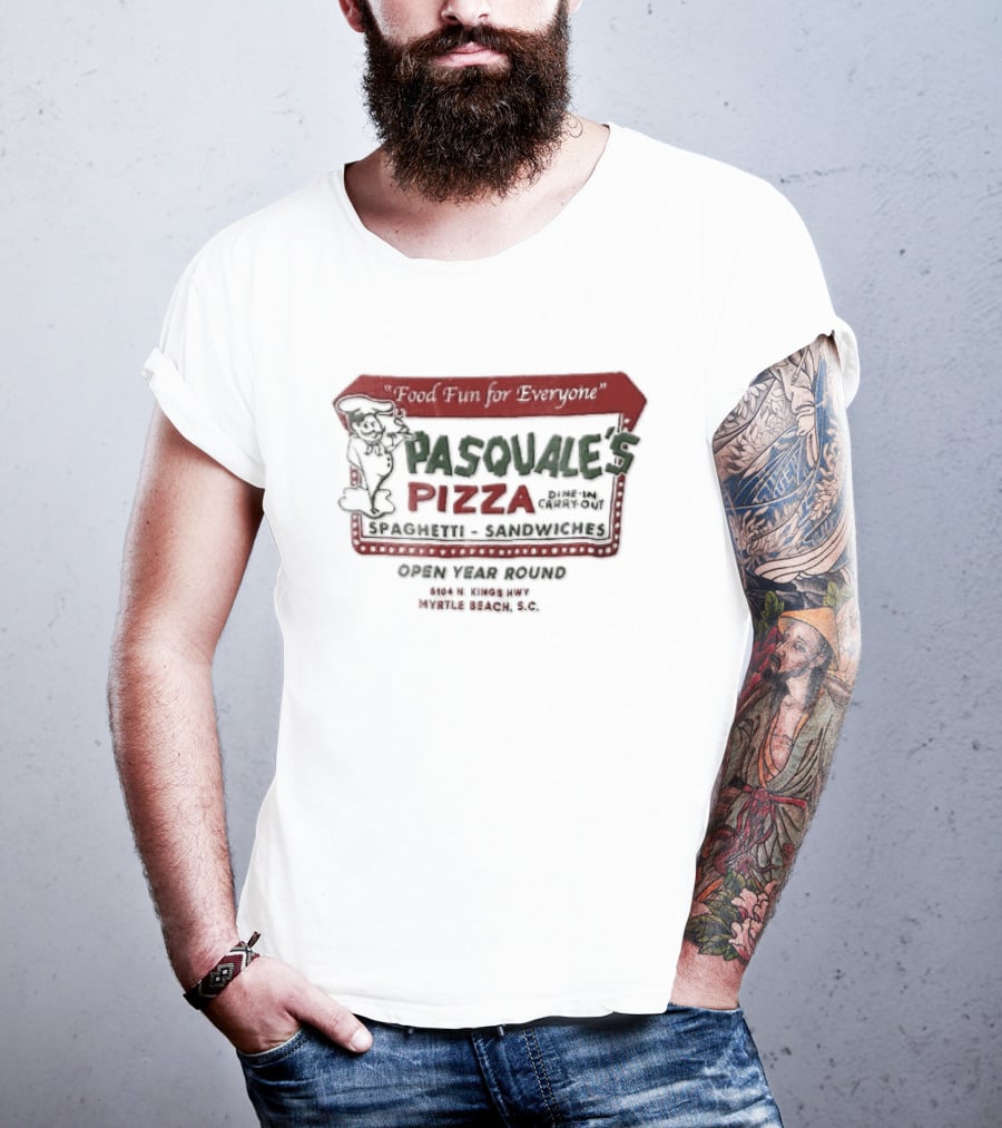 Pasquales Pizza Food Fun For Everyone Myrtle Beach Cartoon Chef Marquee Sign Spaghetti Sandwiches T-Shirt