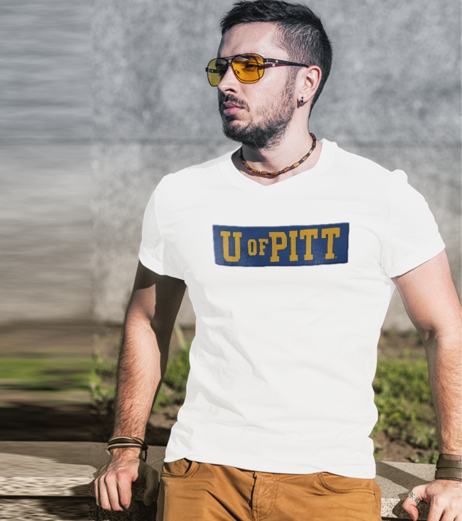 U Of Pitt Blue Wooden Board Yellow Lettering T-Shirt