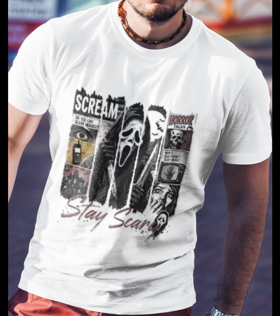 Scream Stay Scary Ghostface Comic Bloody Dagger Do You Like Scary Movies T-Shirt