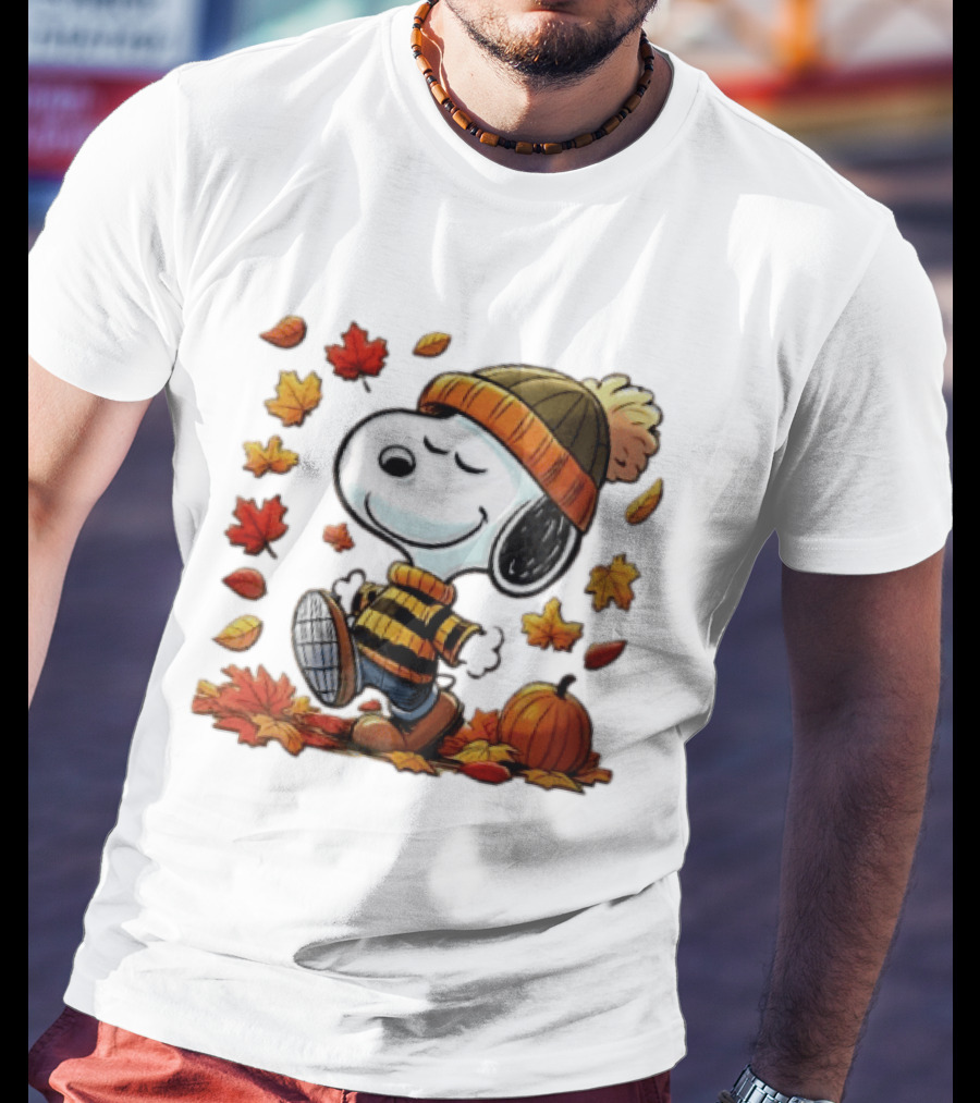 Snoopy Walking In Striped Beanie With Autumn Leaves And Pumpkin T-Shirt