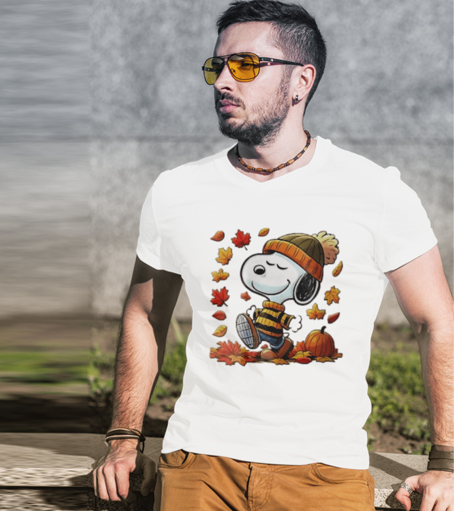 Snoopy Walking In Striped Beanie With Autumn Leaves And Pumpkin T-Shirt