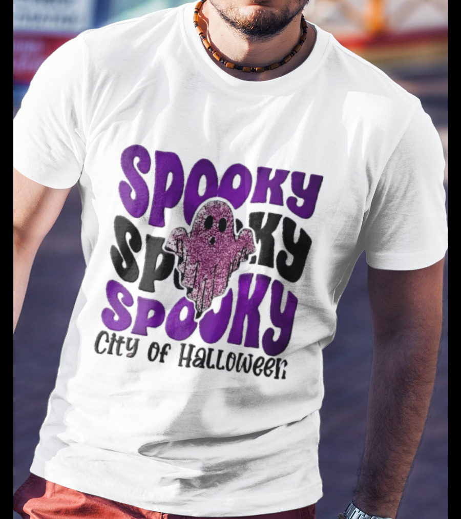 Spooky City Of Halloween Pink Glitter Ghost Retro Groovy T-Shirt