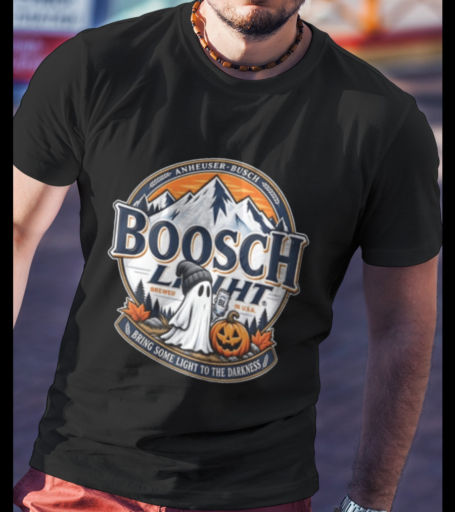 Anheuser Busch Boosch Light Brewed In USA Halloween Ghost Holding Can Jack O Lantern Bring Some Light To The Darkness T-Shirt