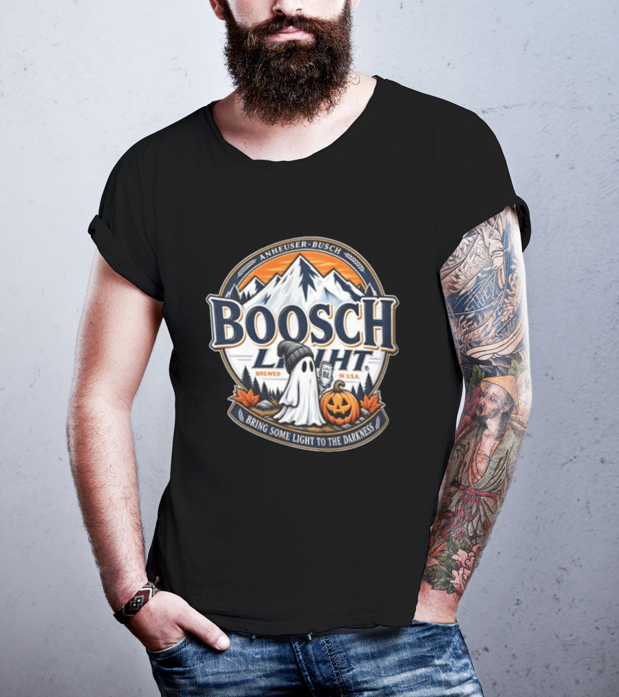 Anheuser Busch Boosch Light Brewed In USA Halloween Ghost Holding Can Jack O Lantern Bring Some Light To The Darkness T-Shirt