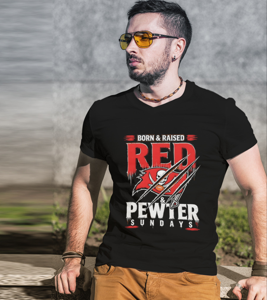 Born And Raised Red And Pewter Sundays Tampa Bay Buccaneers Flag Football T-Shirt