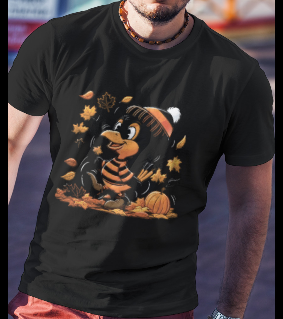 Cartoon Black And Orange Bird Beanie Hat Pumpkin Autumn Falling Leaves T-Shirt