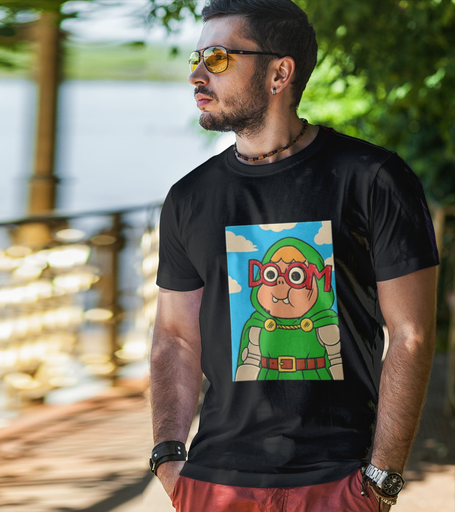 Clarence Doctor Doom Cartoon Crossover DOOM Glasses Green Hood Clouds T-Shirt