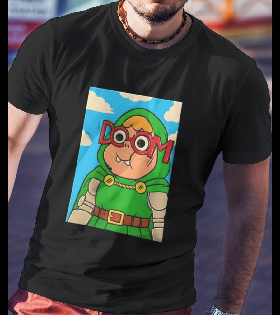Clarence Doctor Doom Cartoon Crossover DOOM Glasses Green Hood Clouds T-Shirt