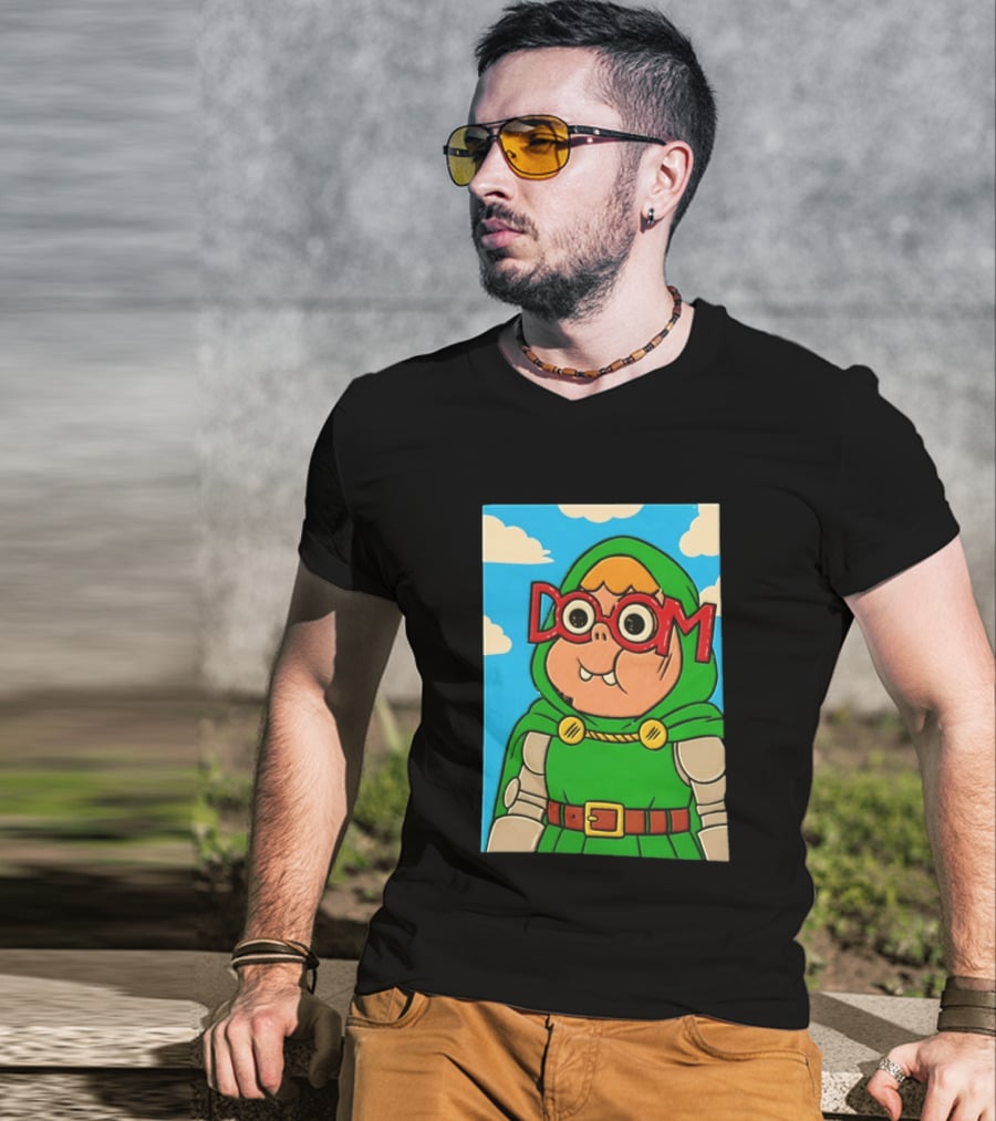 Clarence Doctor Doom Cartoon Crossover DOOM Glasses Green Hood Clouds T-Shirt