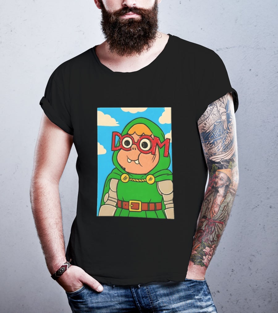 Clarence Doctor Doom Cartoon Crossover DOOM Glasses Green Hood Clouds T-Shirt