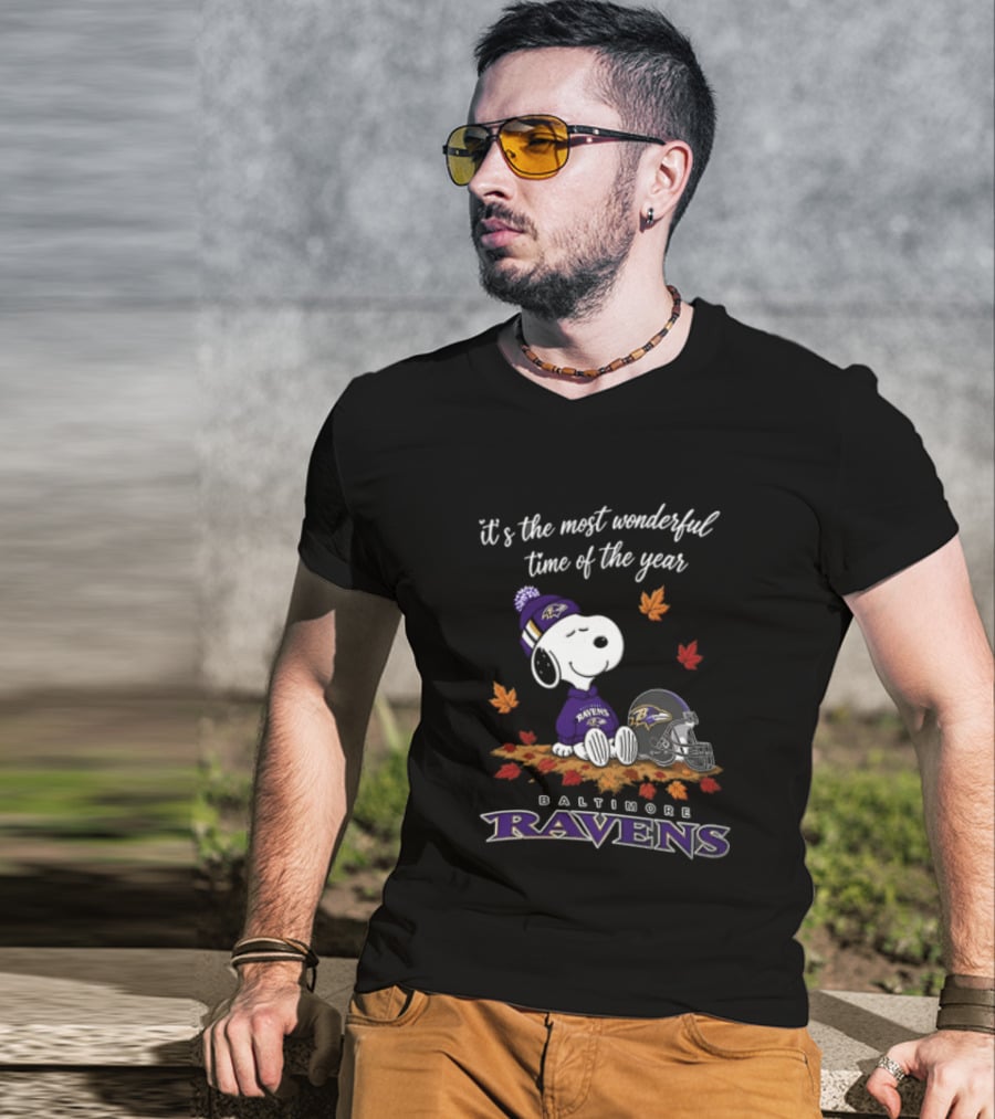 It's The Most Wonderful Time Of The Year Snoopy Baltimore Ravens Beagle Beanie Helmet Autumn Leaves T-Shirt