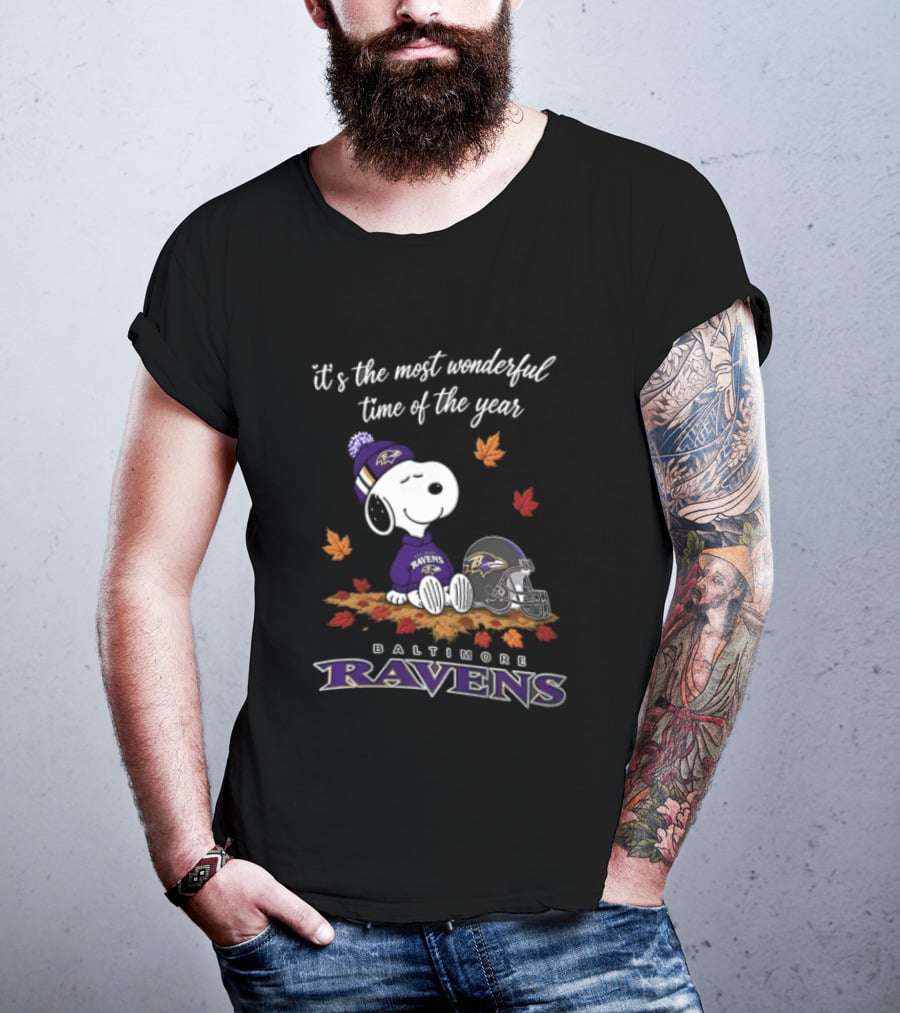 It's The Most Wonderful Time Of The Year Snoopy Baltimore Ravens Beagle Beanie Helmet Autumn Leaves T-Shirt