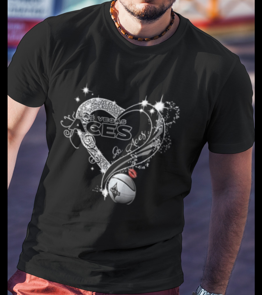 Las Vegas Aces WNBA Rhinestone Heart Basketball Sparkles Lips T-Shirt