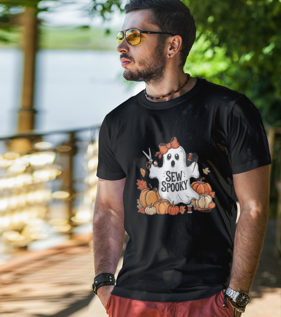 Sew Spooky Ghost With Bow Scissors Pumpkins Autumn Leaves Thread Spools T-Shirt