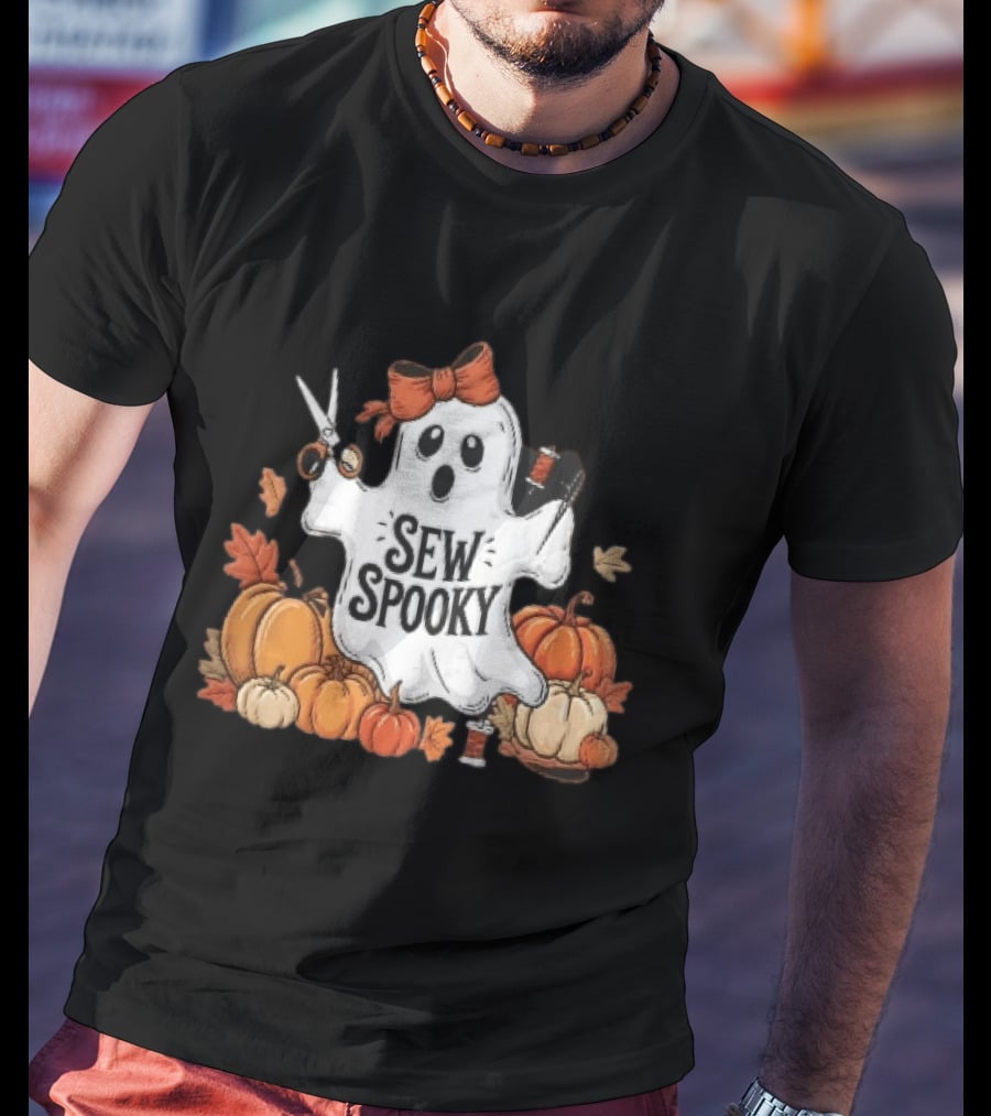 Sew Spooky Ghost With Bow Scissors Pumpkins Autumn Leaves Thread Spools T-Shirt