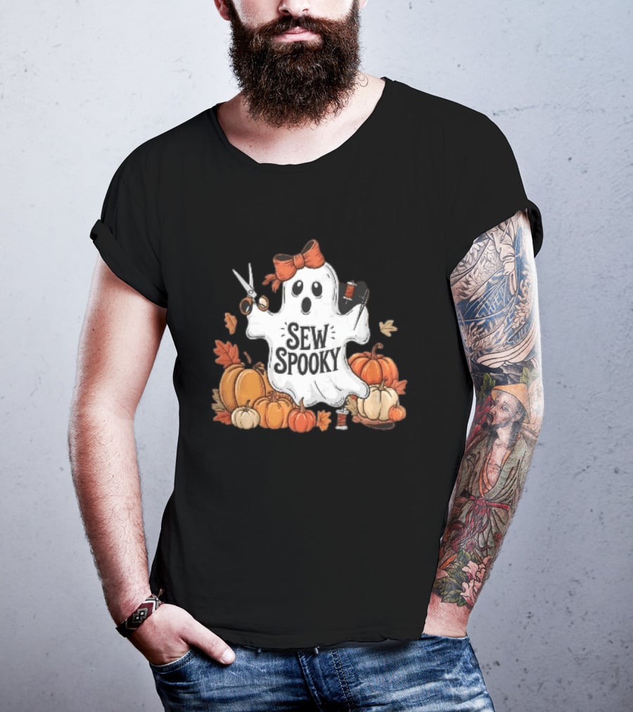 Sew Spooky Ghost With Bow Scissors Pumpkins Autumn Leaves Thread Spools T-Shirt
