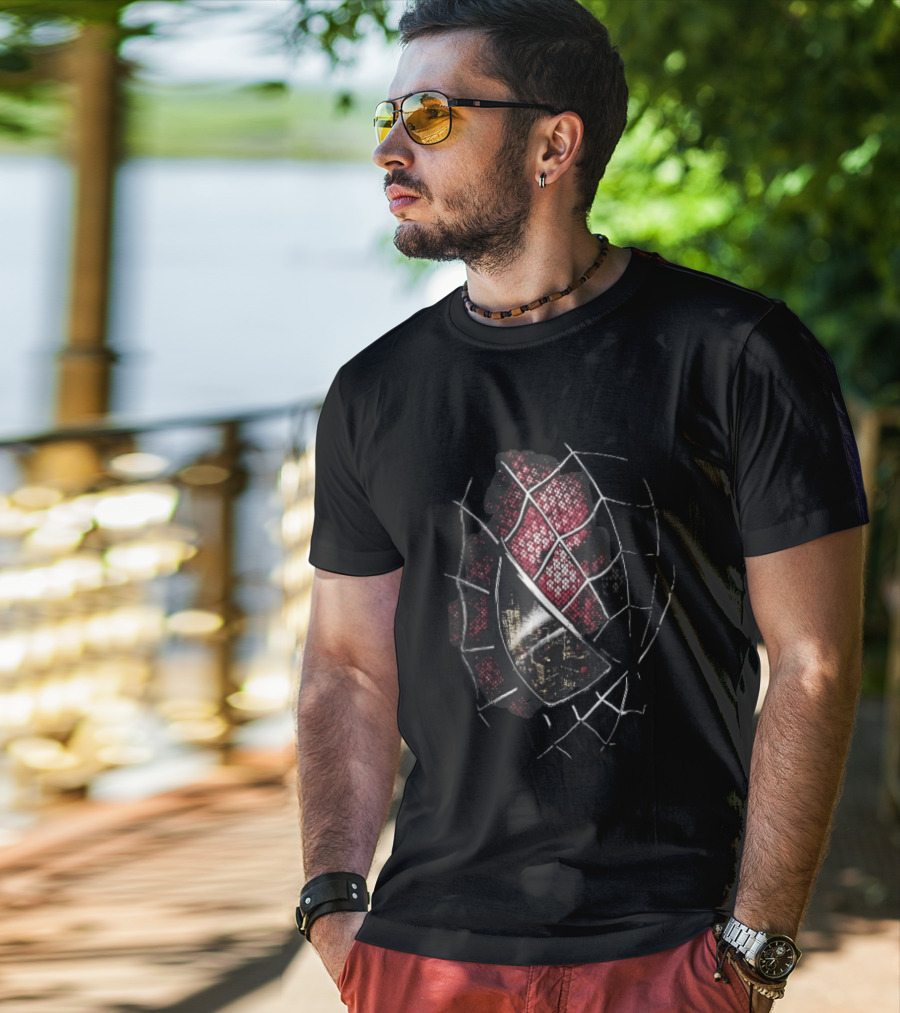 Spider Man Mask With City Skyline Reflection In Night Sketch Lines T-Shirt