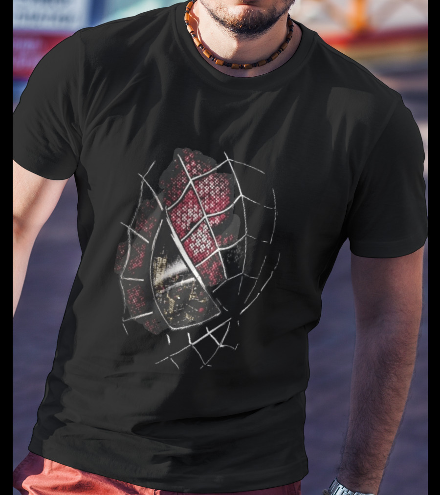 Spider Man Mask With City Skyline Reflection In Night Sketch Lines T-Shirt