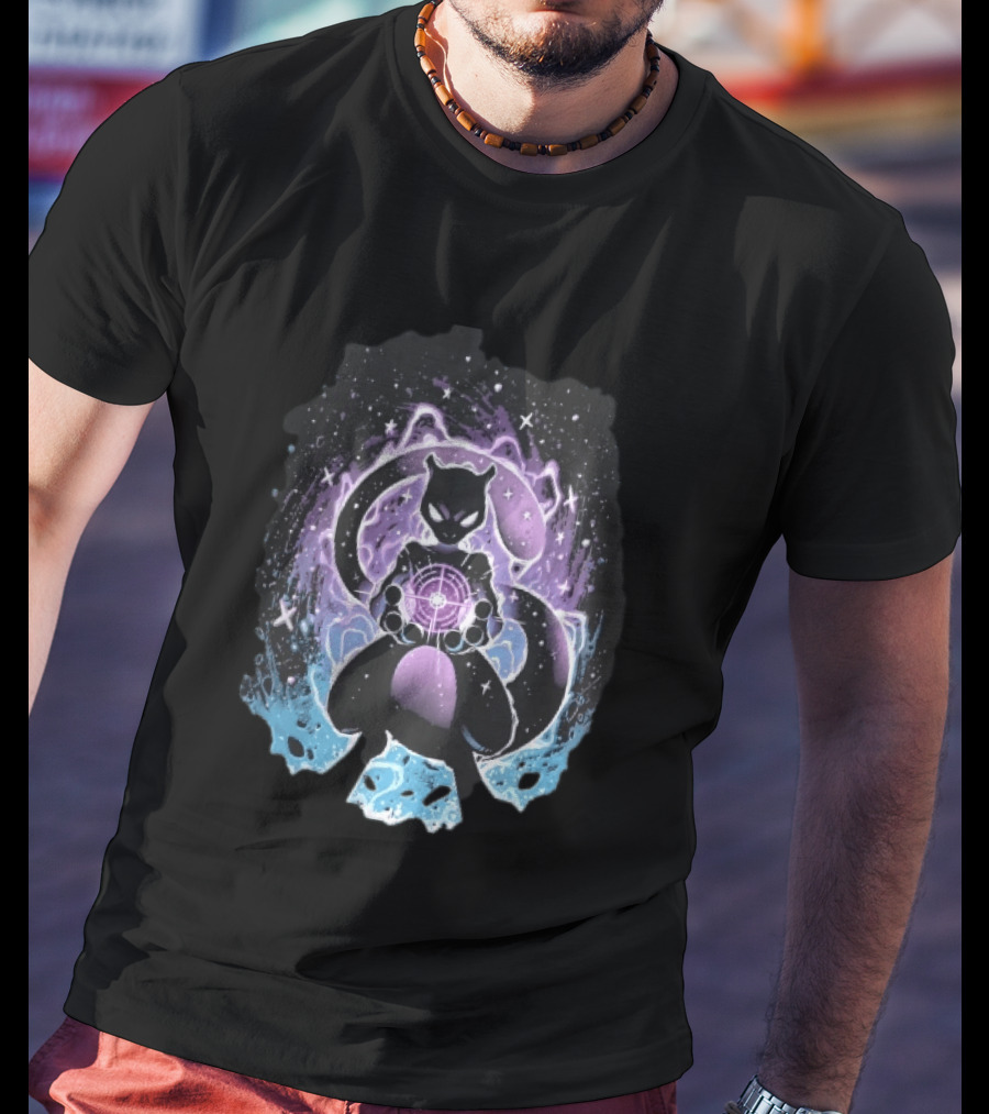 Mewtwo Cosmic Purple Energy Sphere Galaxy Stars Blue Flames T-Shirt