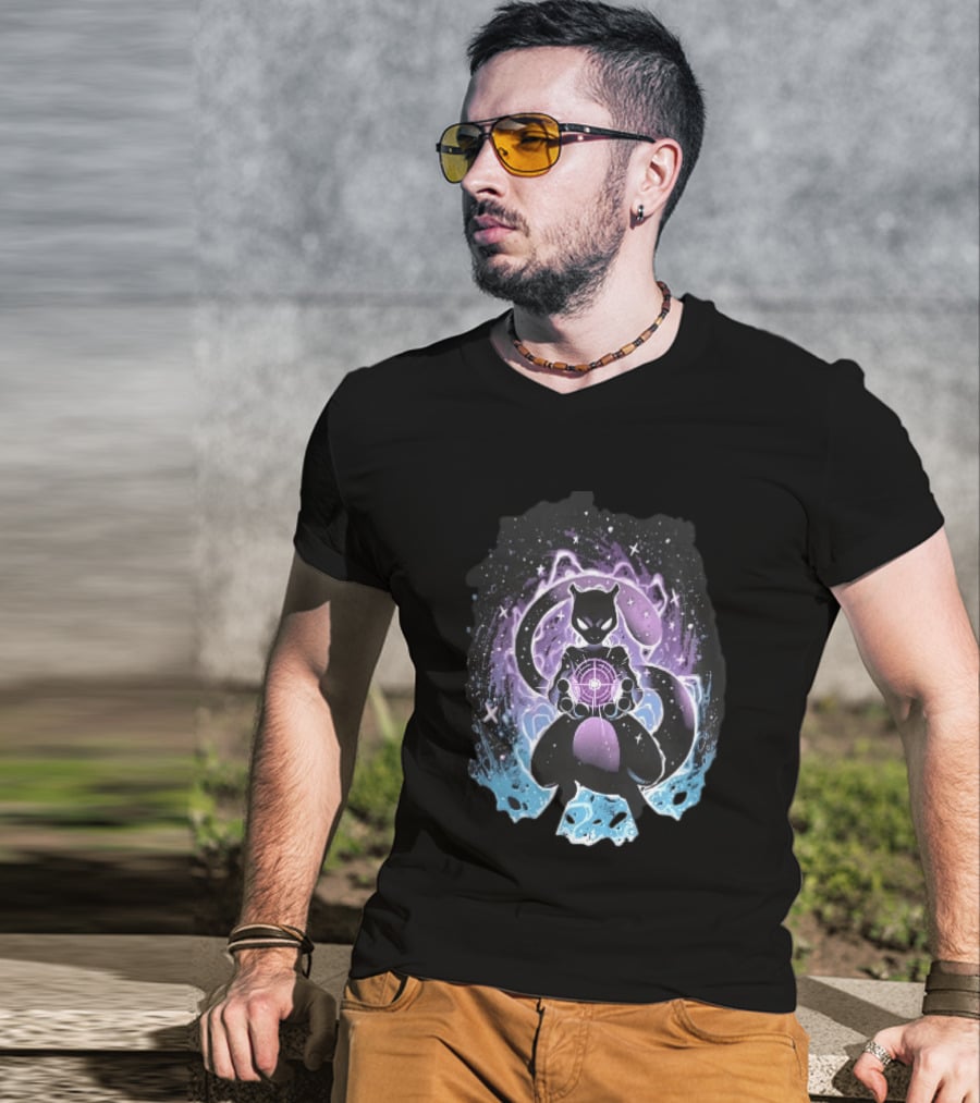 Mewtwo Cosmic Purple Energy Sphere Galaxy Stars Blue Flames T-Shirt