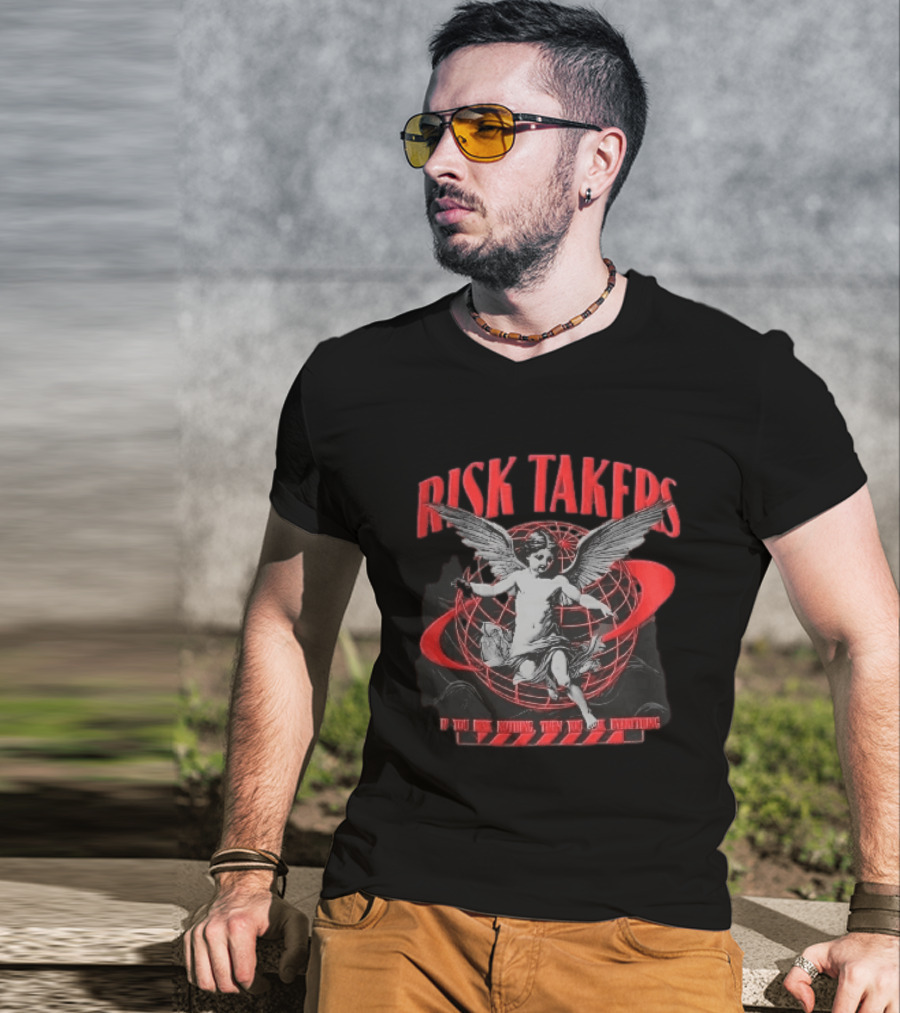 Risk Takers Winged Cherub If You Risk Nothing Then You Risk Everything Red Grid Globe T-Shirt