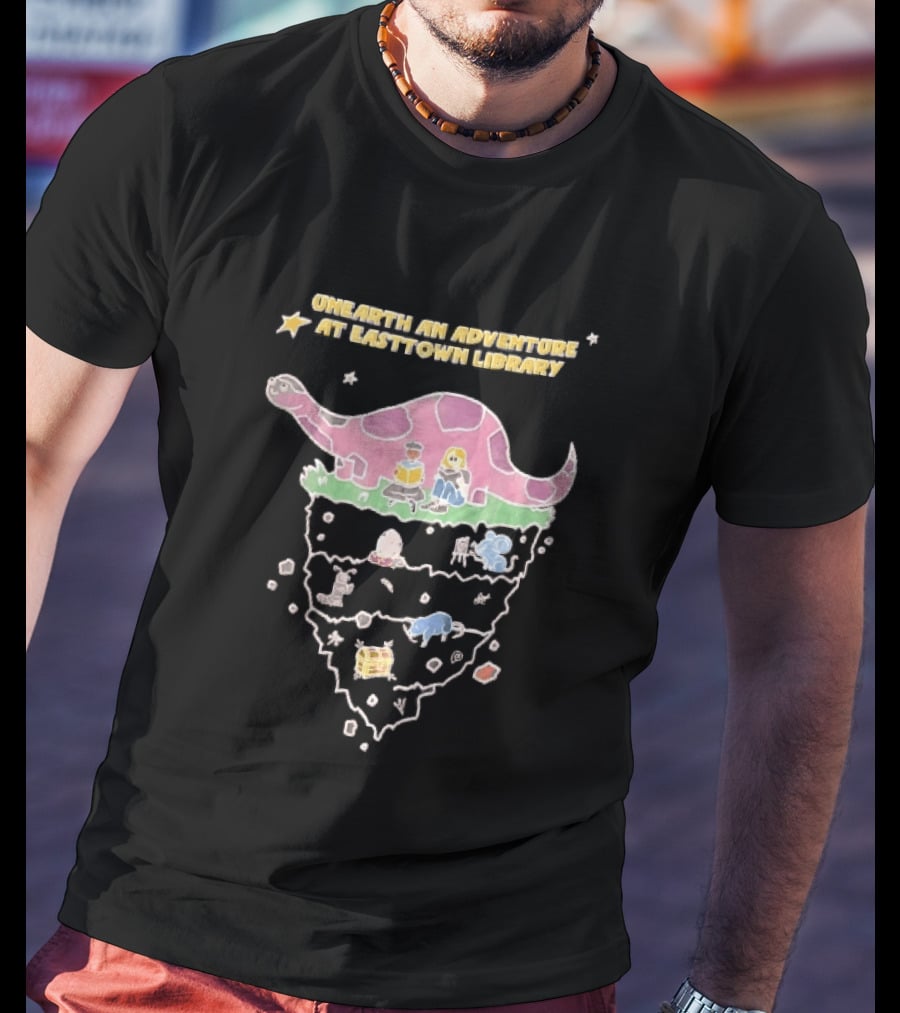 Unearth An Adventure At Easttown Library Pink Dinosaur Journey T-Shirt