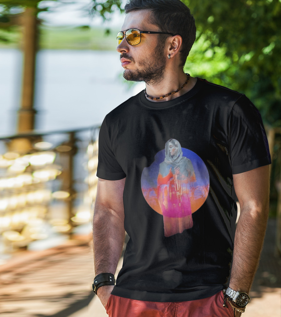 Veiled Hooded Cloak Double Exposure Bare Trees Glowing Sunset Globe T-Shirt