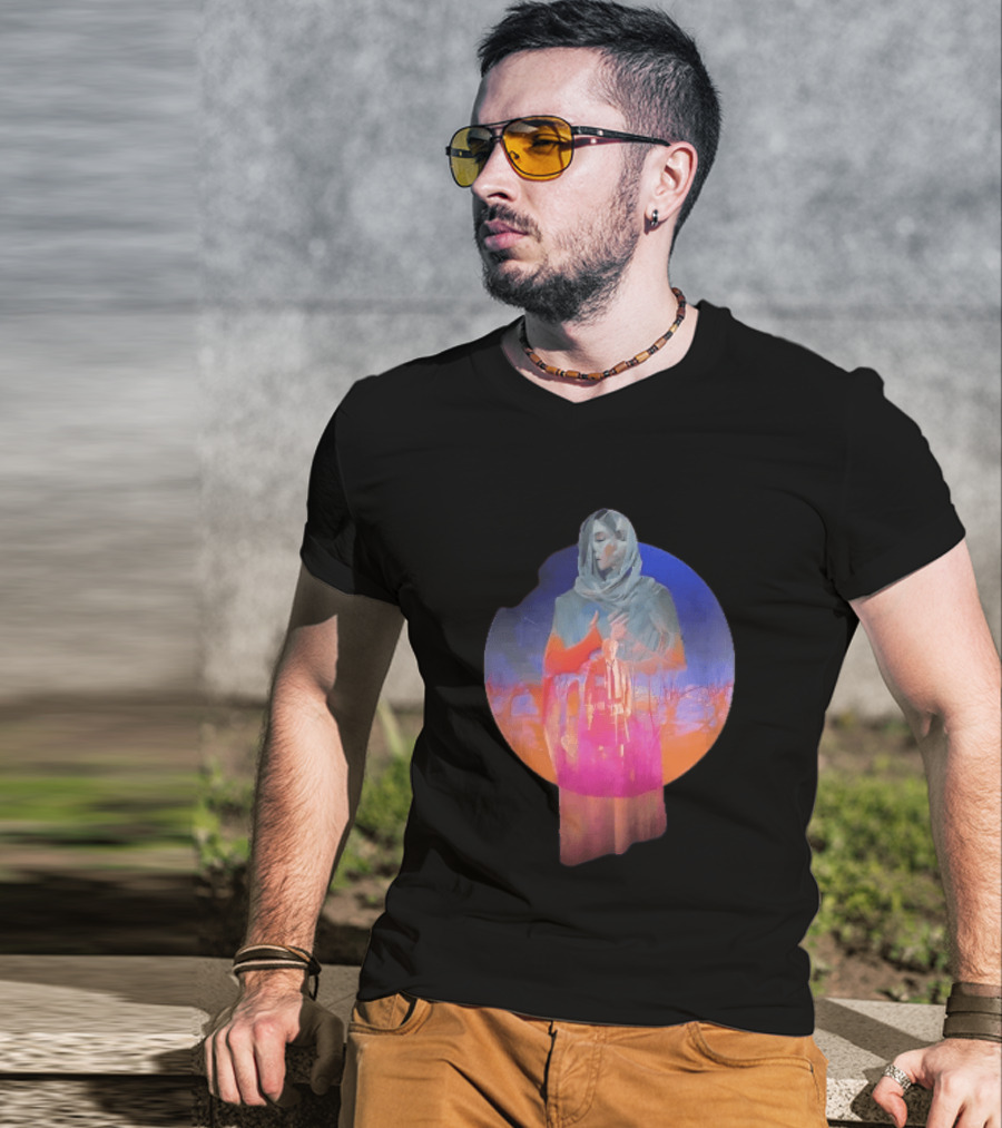 Veiled Hooded Cloak Double Exposure Bare Trees Glowing Sunset Globe T-Shirt