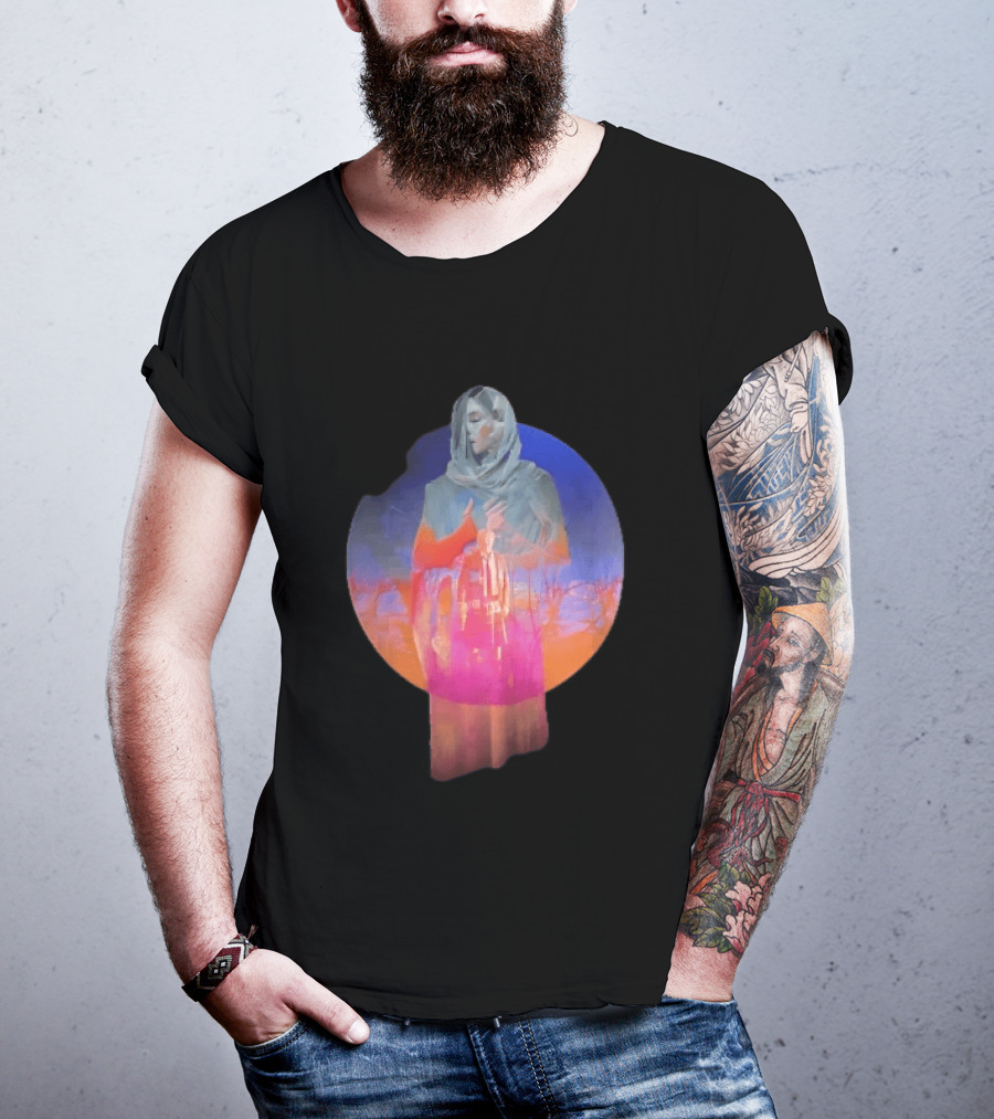 Veiled Hooded Cloak Double Exposure Bare Trees Glowing Sunset Globe T-Shirt