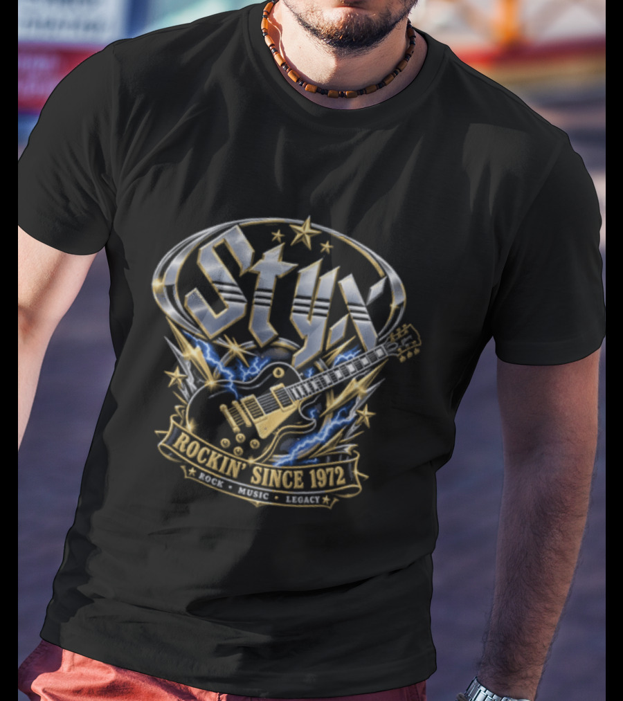 Styx Rockin Since 1972 Electric Guitar Lightning Metallic Crest T-Shirt