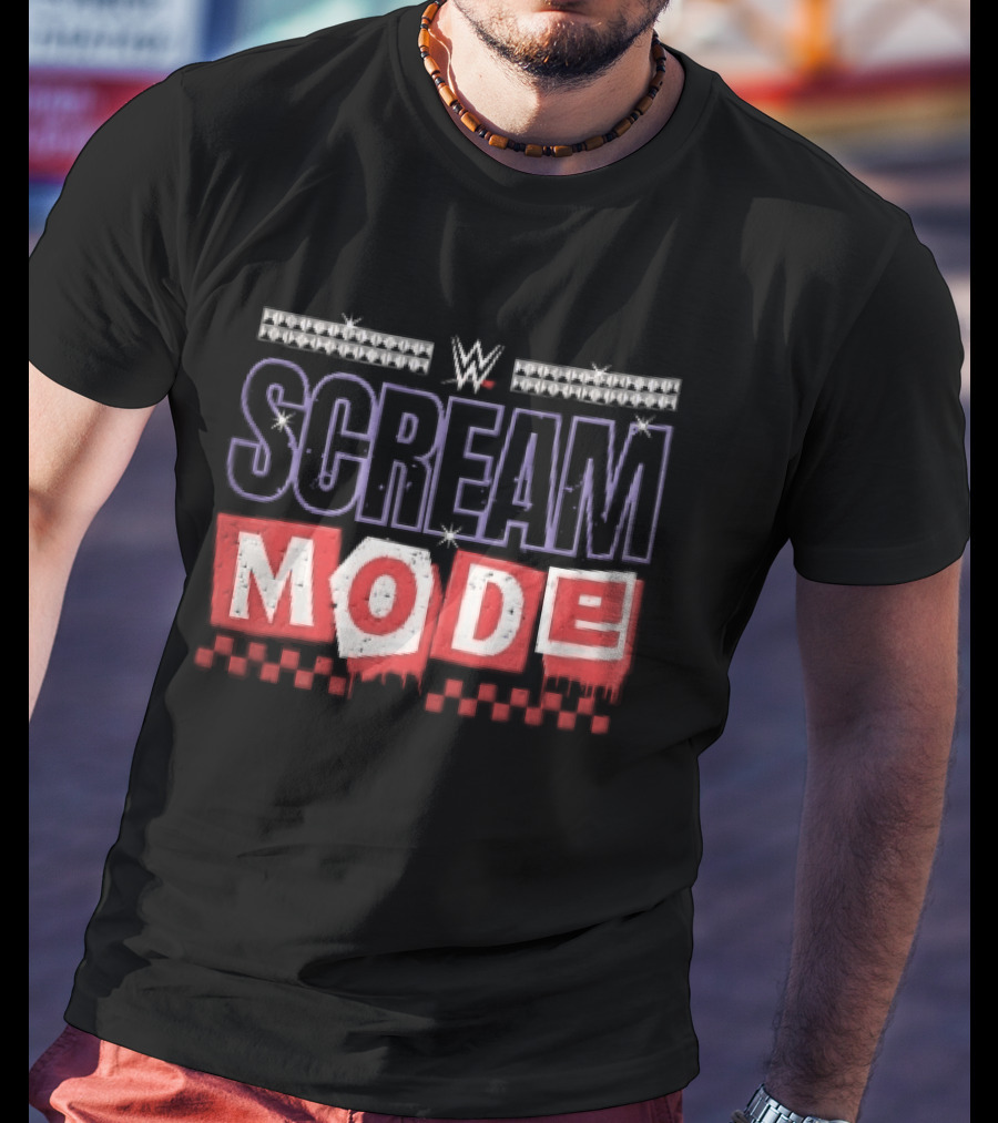 Scream Mode WWE Silver Studs Red Cutout Dripping Blocks Checkered T-Shirt