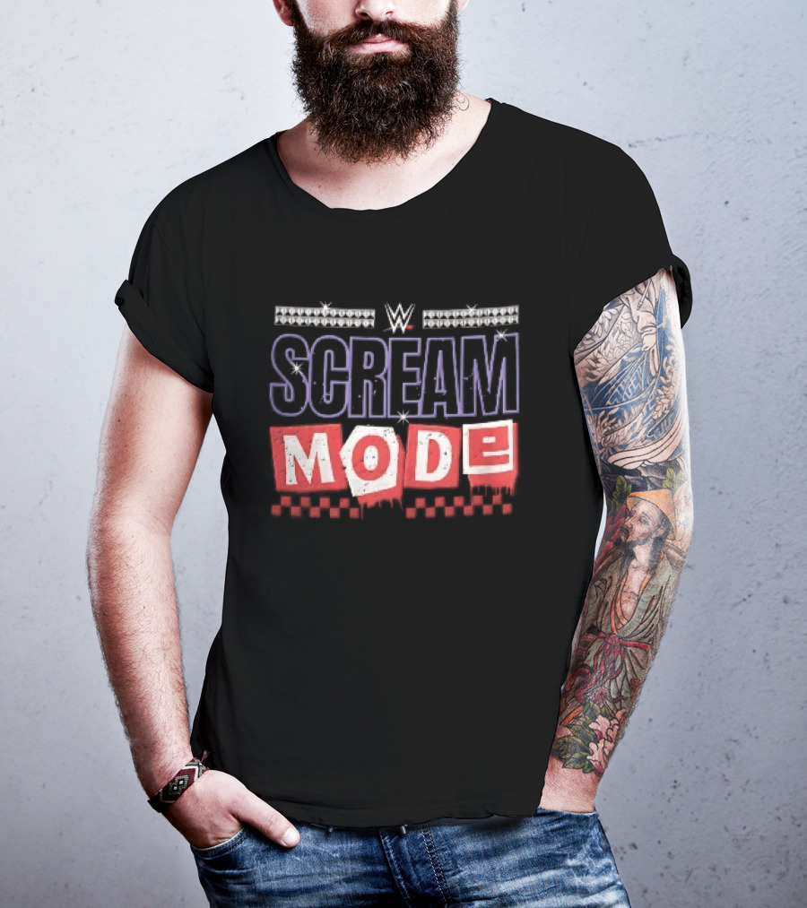 Scream Mode WWE Silver Studs Red Cutout Dripping Blocks Checkered T-Shirt