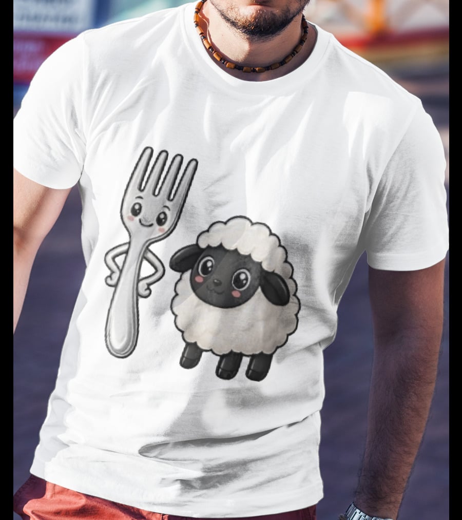 Chibi Style Silver Fork And Cute Black Faced Lamb Cartoon T-Shirt