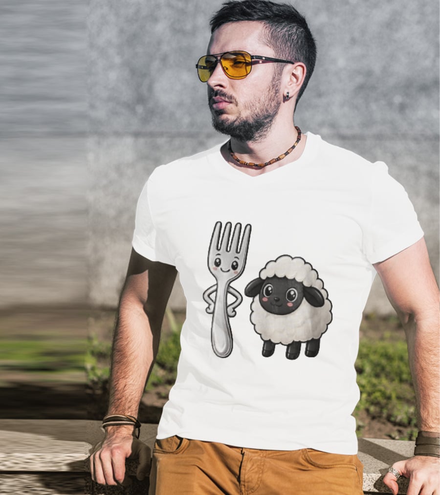 Chibi Style Silver Fork And Cute Black Faced Lamb Cartoon T-Shirt