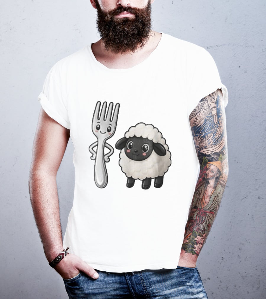 Chibi Style Silver Fork And Cute Black Faced Lamb Cartoon T-Shirt