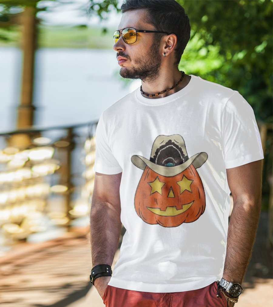 Starry Eyed Jack O Lantern Pumpkin Cowboy Hat Feather T-Shirt
