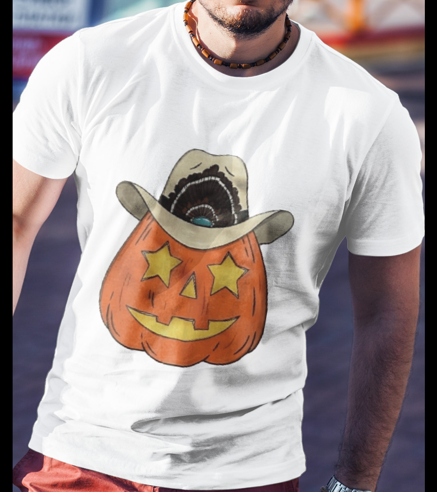 Starry Eyed Jack O Lantern Pumpkin Cowboy Hat Feather T-Shirt