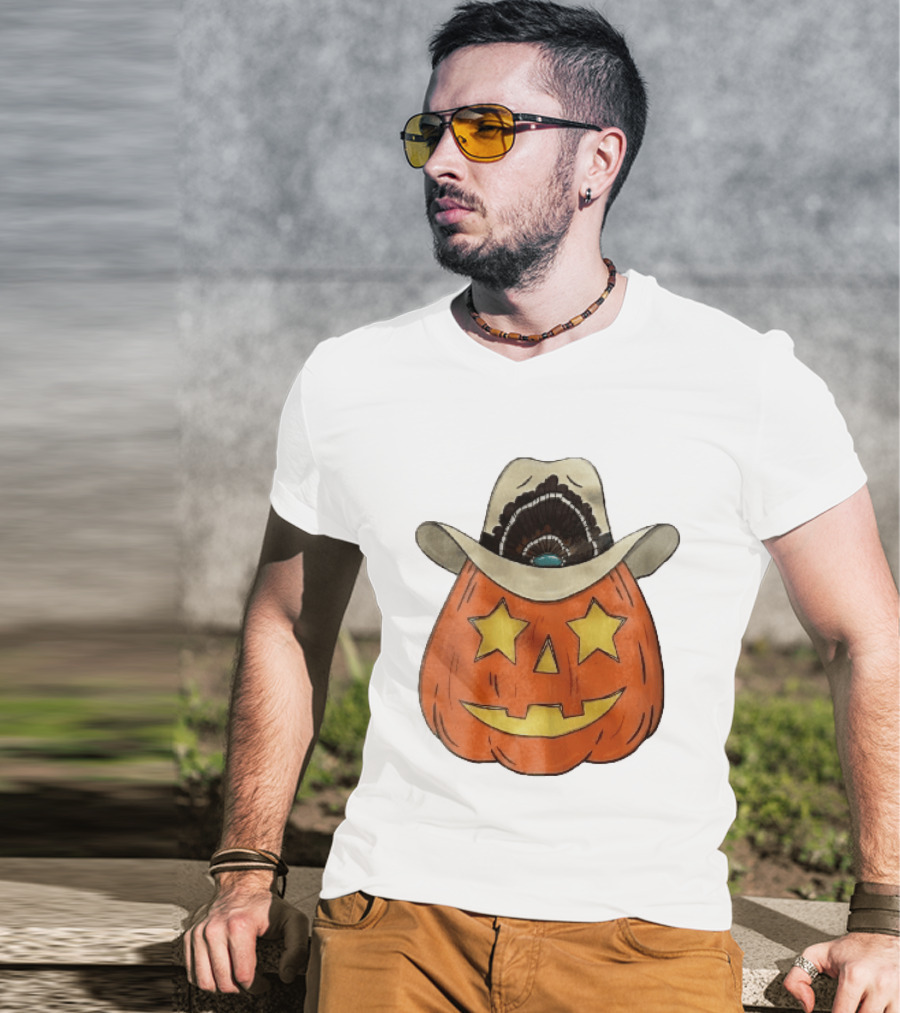 Starry Eyed Jack O Lantern Pumpkin Cowboy Hat Feather T-Shirt