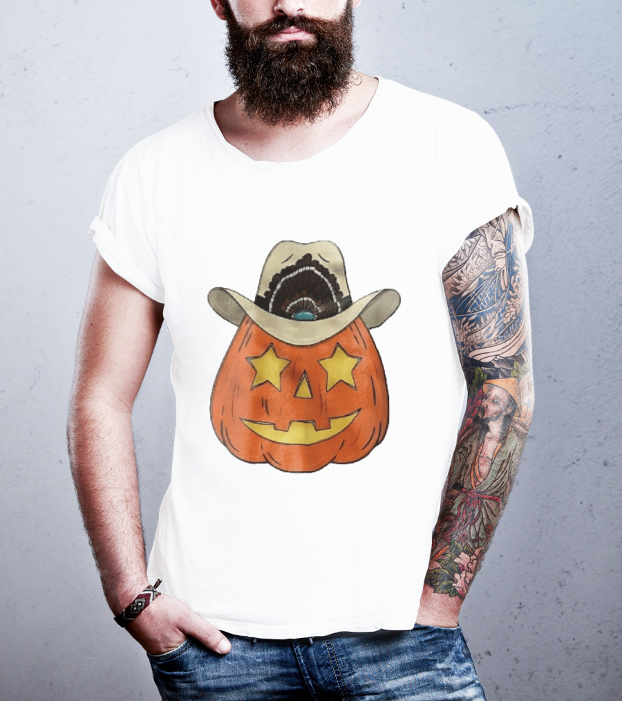 Starry Eyed Jack O Lantern Pumpkin Cowboy Hat Feather T-Shirt
