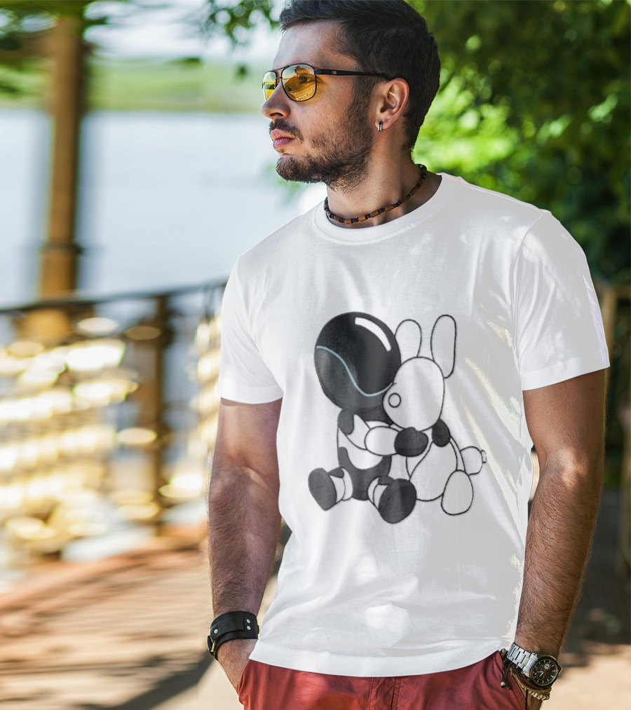 Cartoon Robot Embracing White Bunny Plush Toy T-Shirt