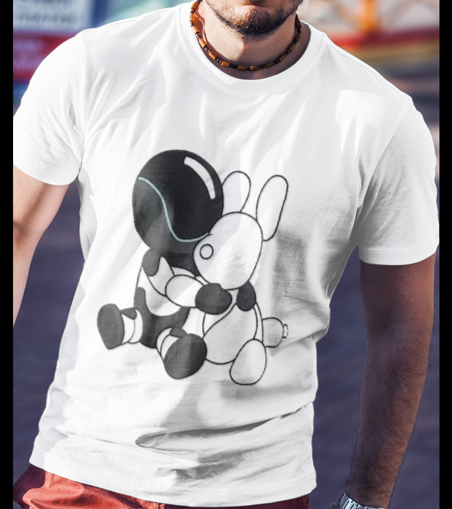 Cartoon Robot Embracing White Bunny Plush Toy T-Shirt