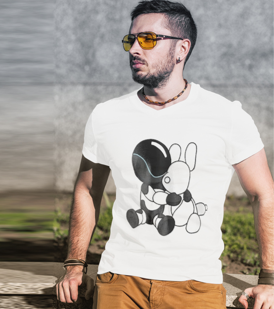 Cartoon Robot Embracing White Bunny Plush Toy T-Shirt