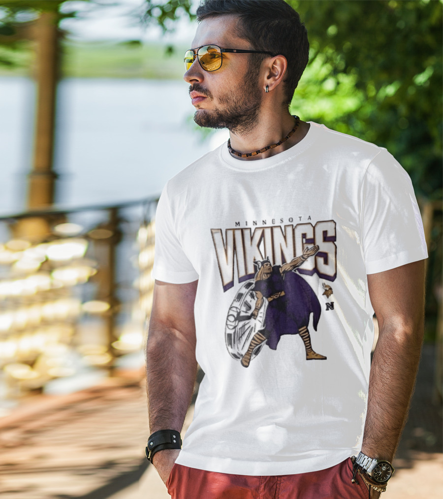 Minnesota Vikings Horned Helmet Warrior With Chrome Shield And Purple Cape T-Shirt