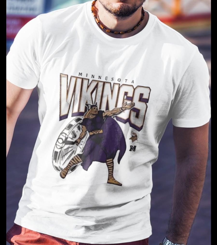 Minnesota Vikings Horned Helmet Warrior With Chrome Shield And Purple Cape T-Shirt