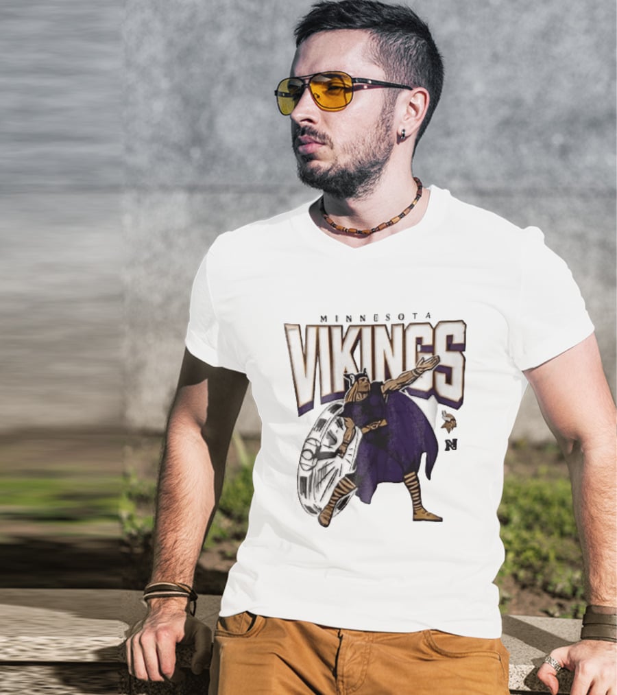 Minnesota Vikings Horned Helmet Warrior With Chrome Shield And Purple Cape T-Shirt