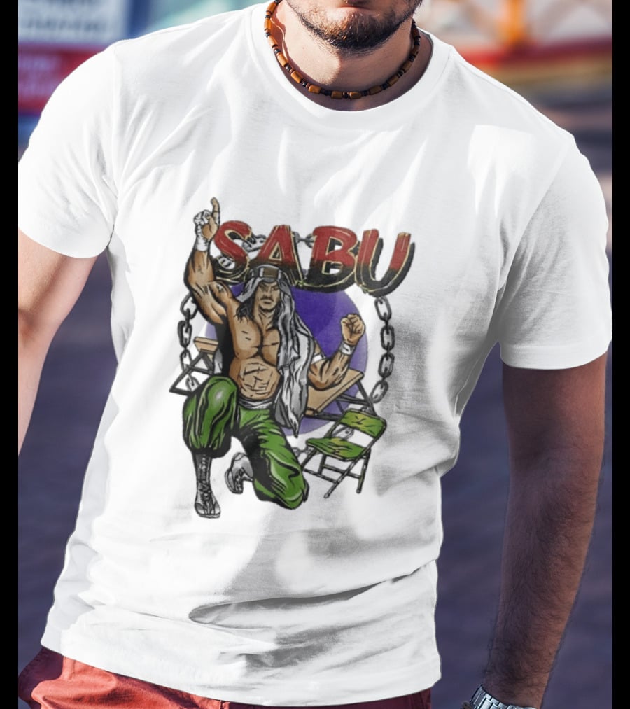 Sabu Terry Brunk Cartoon Kneeling Pose Green Chair Wooden Table Chains T-Shirt