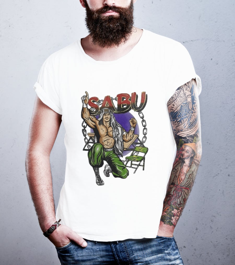 Sabu Terry Brunk Cartoon Kneeling Pose Green Chair Wooden Table Chains T-Shirt